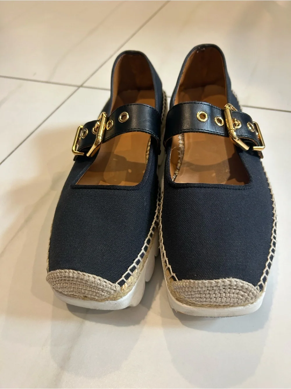 Marni Black Espadrille Mary Jane Flats with Gold Buckles